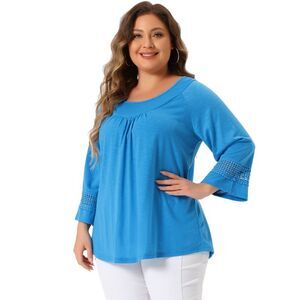 Plus Size Crochet Panel Kimono Raglan Sleeves Tops Sky Blue